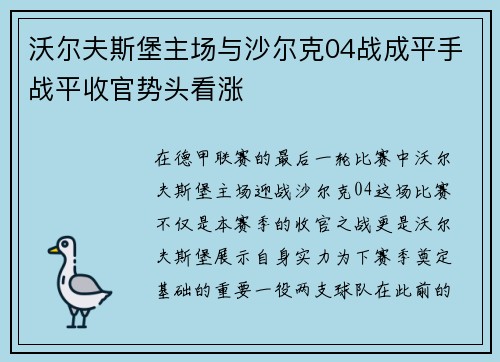 沃尔夫斯堡主场与沙尔克04战成平手战平收官势头看涨